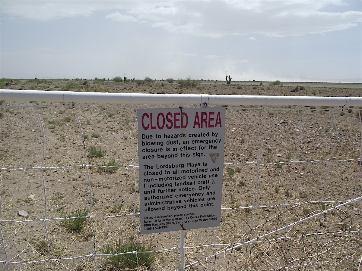 Dust Mitigation on the Lordsburg Playa - Area closed sign
