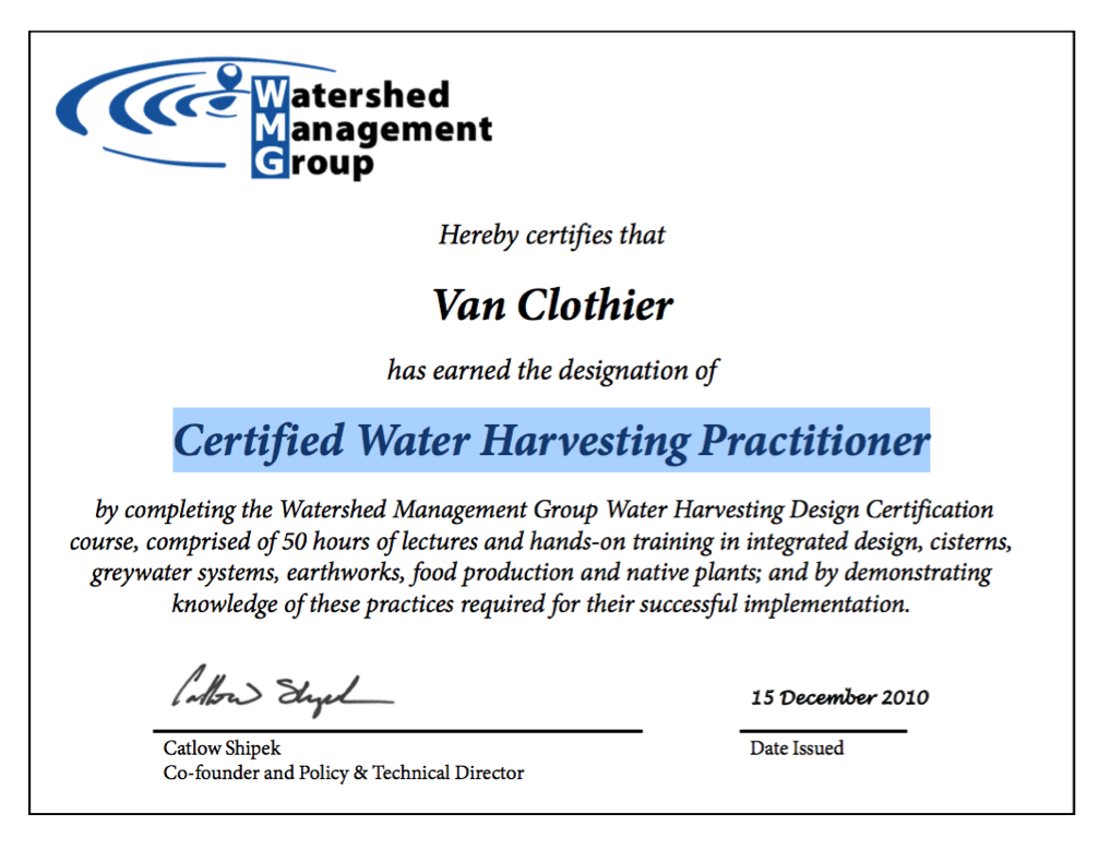 Van Clothier - Certified Water Harvesting Practitioner