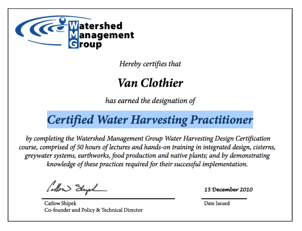 Certified Water Harvesting Design Practitioners